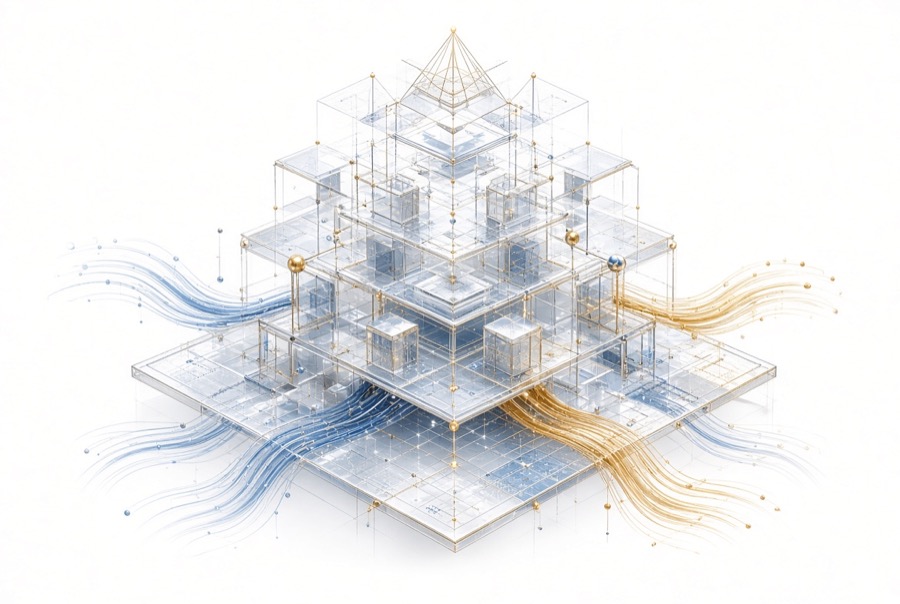 Abstract layered architectural rendering of a stepped structure with connecting data streams, representing the platform's structural precision